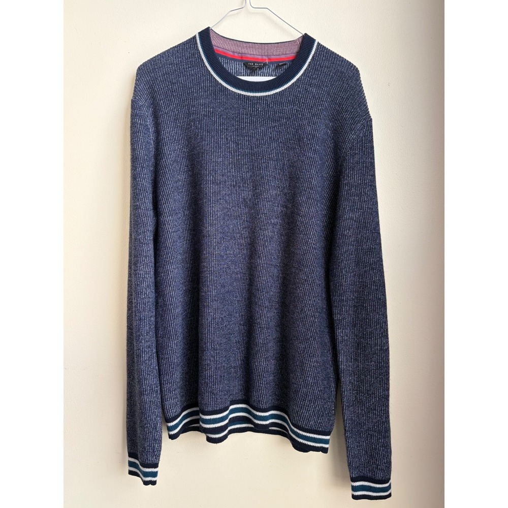 Ted Baker London Mens Navy Blue Ribbed Knit Striped Trim Sweater Size 5 XL